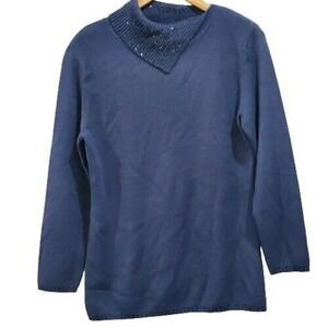 Adrianna Papell Blue Embellished Mock Neck Wool Pullover Sweater Size Medium